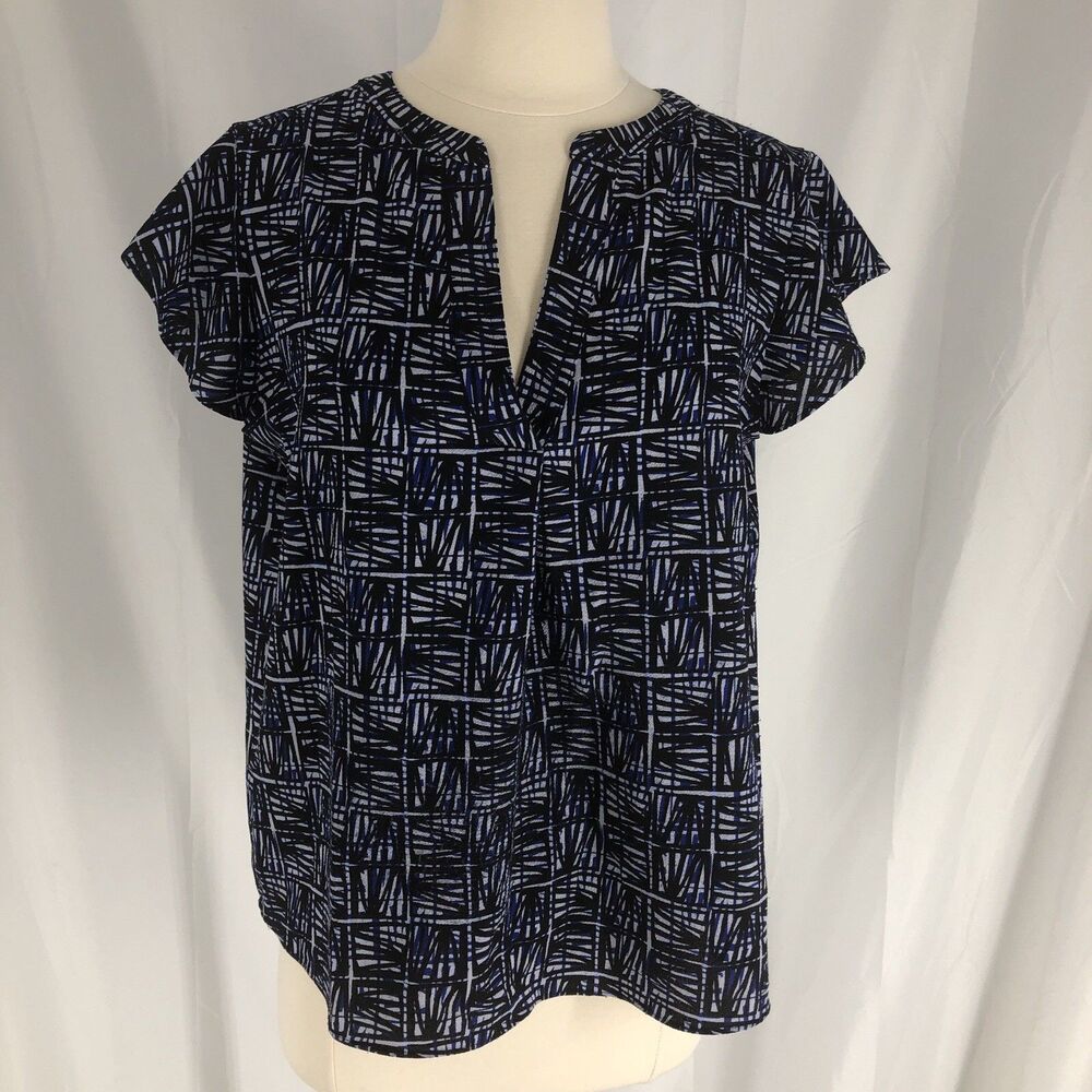 Women's Calvin Klein Abstract Blue V-neck Blouse, Large, Flutter Sleeves